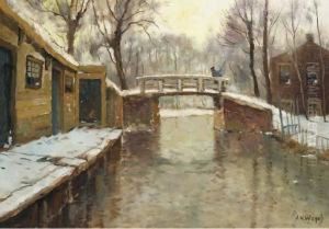 A Village In Winter With A Bridge Over A Stream by Jan Harm Weyns