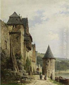 Villagers Along A Path Near A River, Possibly The River Main Or Mosel by Karl Weysser