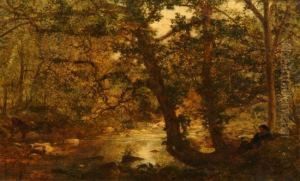 A Wooded River Scene With Stag Watering And Watched By An Onlooker by Henry Clarence Whaite