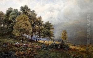 Wooded Lake Landscape With Figures By The Lakeside, Thought To Be Loch Awe by James Whaite