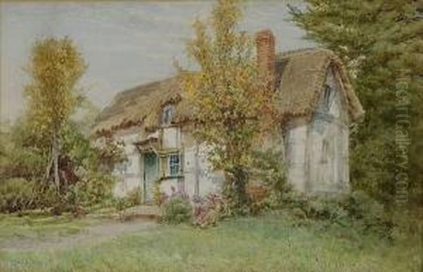 Two Figures Gardening Before A Thatched Cottage - view 1