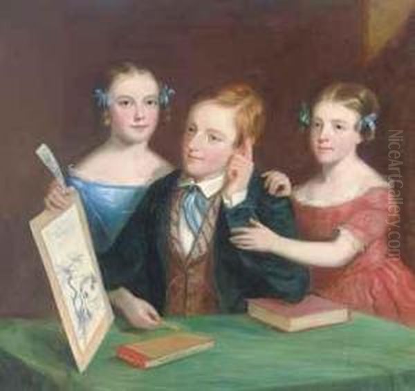 Portrait Of A Brother And Two Sisters Admiring - view 1