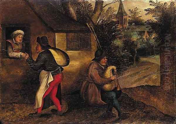 A peasant paying court to a woman, with a bagpipe player in a village - view 1