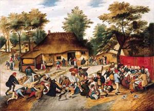 A wedding feast in a village by Pieter The Younger Brueghel