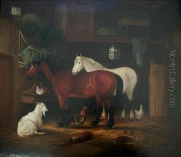 Horses With A Goat And Poultry In A Barn - view 1