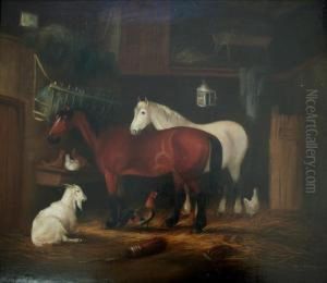 Horses With A Goat And Poultry In A Barn by James Thomas Wheeler