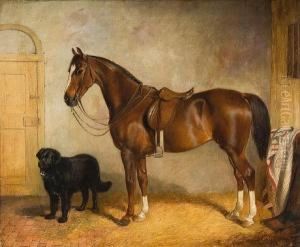 A Chestnut Hunter And Hound In A Stable by James Thomas Wheeler