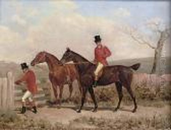Two Huntsmen And Their Horses At A Gate - view 1