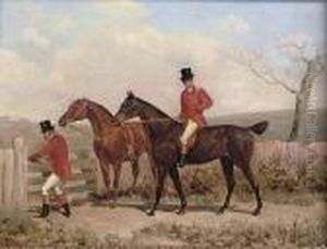 Two Huntsmen And Their Horses At A Gate by James Thomas Wheeler