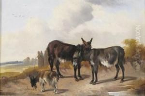 Donkeys And A Goat In A Landscape