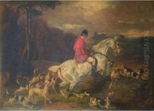Huntsman And Hounds Jumping A Dry Stone Wall by John Alfred Wheeler