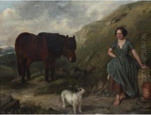 Shepherd Girl Gathering Water For Her Pony And Terrier