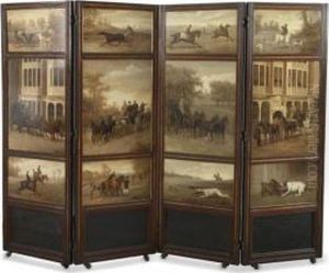 The Sporting Life: 12 Paintings Mounted As A Four Fold Screen Variously Depicting Sporting Pursuits