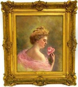 Portrait Of Woman In Off-the-shoulder Pink Dress With Rose Portrait Of Woman In Off-the-shoulder Pink Dress With Rose