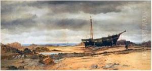 A Rocky Coastal Landscape, With Large Boat On Beach, Figures A Rocky Coastal Landscape, With Large Boat On Beach, Figures