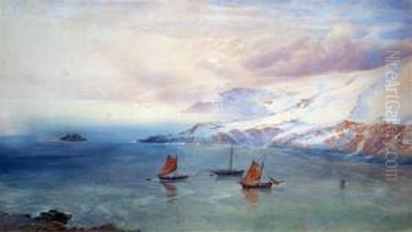 Fishing Boats At Anchor Off A Snowy Coastline - view 1