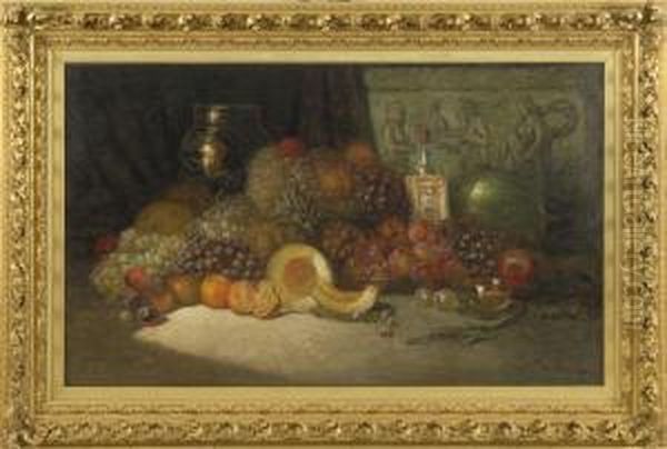 Still Life With Assorted Fruit, Wine Bottle, And Crockery - view 1