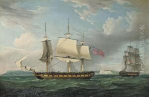 A Merchantman In Two Positions In The Channel Off The Downs by Thomas Whitcombe