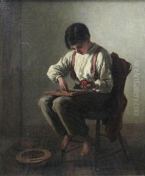 A Boy Playing A Game On A Peg Board,1865 - view 1