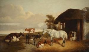 A Pastoral Scene With Cattle, Horse Foal And Donkey