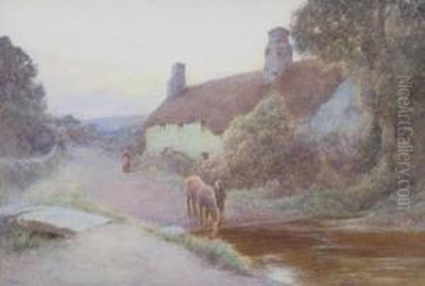 A Horse Watering At A Ford By A Cottage - view 1