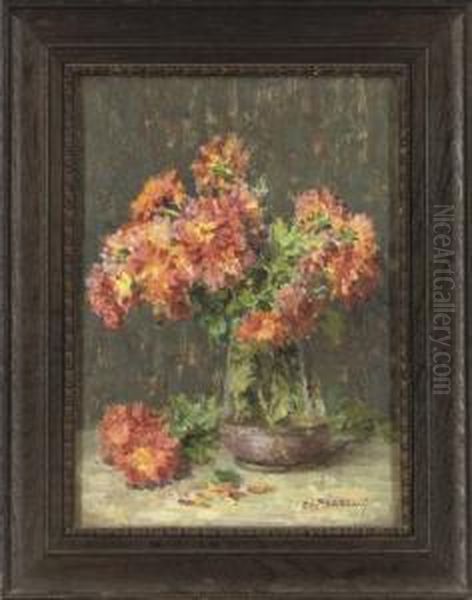 Variegated Dahlias In A Glass Vase, On A Table - view 1