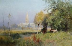 Cattle Grazing With Salisbury Cathedral In The Distance