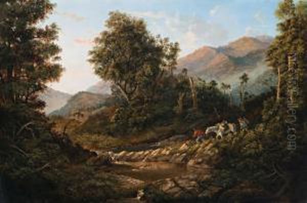 Gold Prospectors Crossing A Stream - view 1