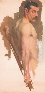 Half Length Study Of A Male Nude Holding A Staff