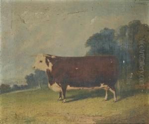 A Prize Cow In A Wooded River Landscape by Richard Whitford