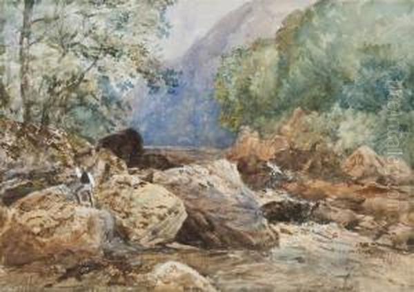 Fisherman In A River With Distant Mountains - view 1