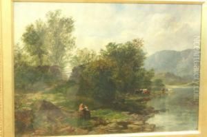 Resting By The River, An Extensive Summer Landscape With Figures And Cows by James William Whittaker