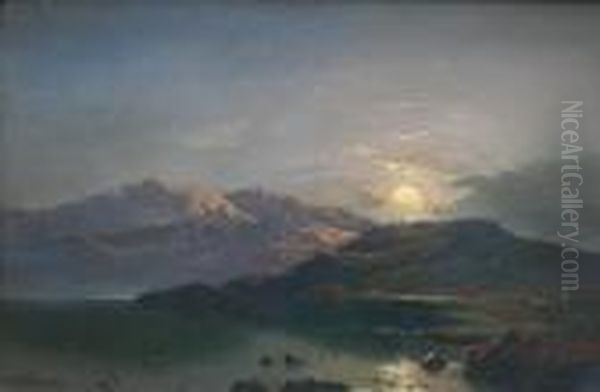 Shepherd With Flock By A Lake At Sunset - view 1