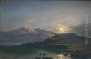 Shepherd With Flock By A Lake At Sunset by Thomas Whittle