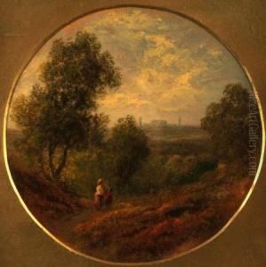 A Distant View Of Crystal Palace From The Shirley Hills With Figures On A Road