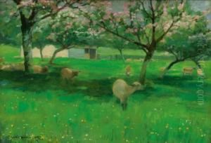 Spring Lambs In A Cherry Orchard; The Old Quay, Newlyn Harbour; Andfishermen Unloading The Catch by Charles H. Whitworth