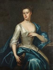 Portrait Of A Lady, Said To Be Mrs Jane Gore, Three-quarter-length, In A White Dress With A Blue Wrap, A Dog At Her Side by Isaac Whood