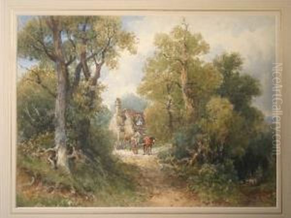 Rural Scene With Cottage, Horse, Cart And Lady - view 1
