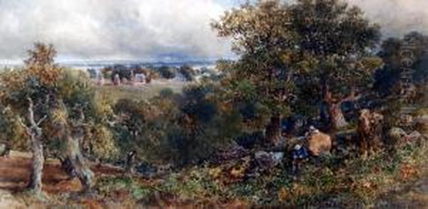 Pastoral English Landscape View With Loggers In The Foreground,forest And Buildings In The Distance - view 1