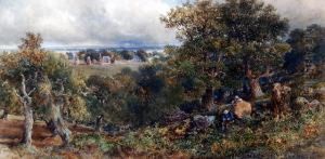Pastoral English Landscape View With Loggers In The Foreground,forest And Buildings In The Distance by Josiah Wood Whymper
