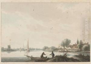 River Landscape With Village And Fishing Boats by Nicolaes Wicart