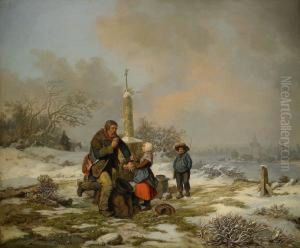 Vinterlandskap Med Vandringsman Och Barn Vid Vagaltare