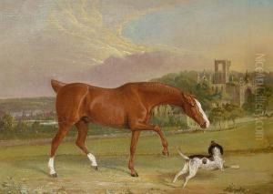 Horse And Dog Before Kirkstall Abbey by John Widdas