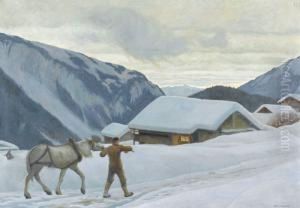 Winterlicher Sonnenaufgang Mit Bauer Und Pferd Im Gebirge by Hans Widmer