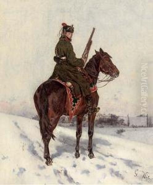 A Prussian Hussar In A Winter Landscape - view 1
