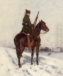 A Prussian Hussar In A Winter Landscape by Gustav Wie