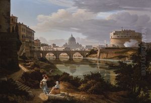 Rome, A View Of The River Tiber Looking South With The Castel Sant'angelo And Saint Peter's Basilica Beyond by Rudolf Wiegmann