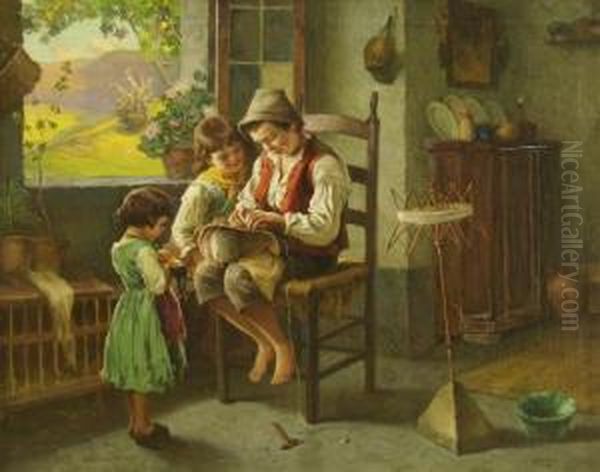 Boy Fixing Buggy With Two Sisters - view 1