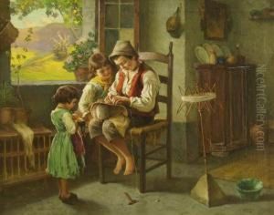 Boy Fixing Buggy With Two Sisters by Franz Wiehl