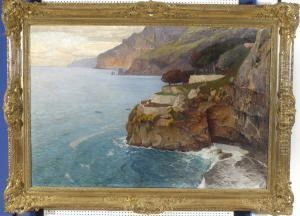 Sommerliche Steilkustenlandschaft Bei Positano Mit Zwei Frauen Auf Einer Terrasse Und Einigen Booten - view 1